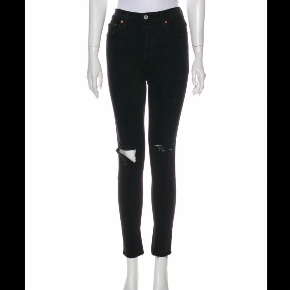 RE/DONE High Rise 90s Stretch Black Jeans Distressed Knees